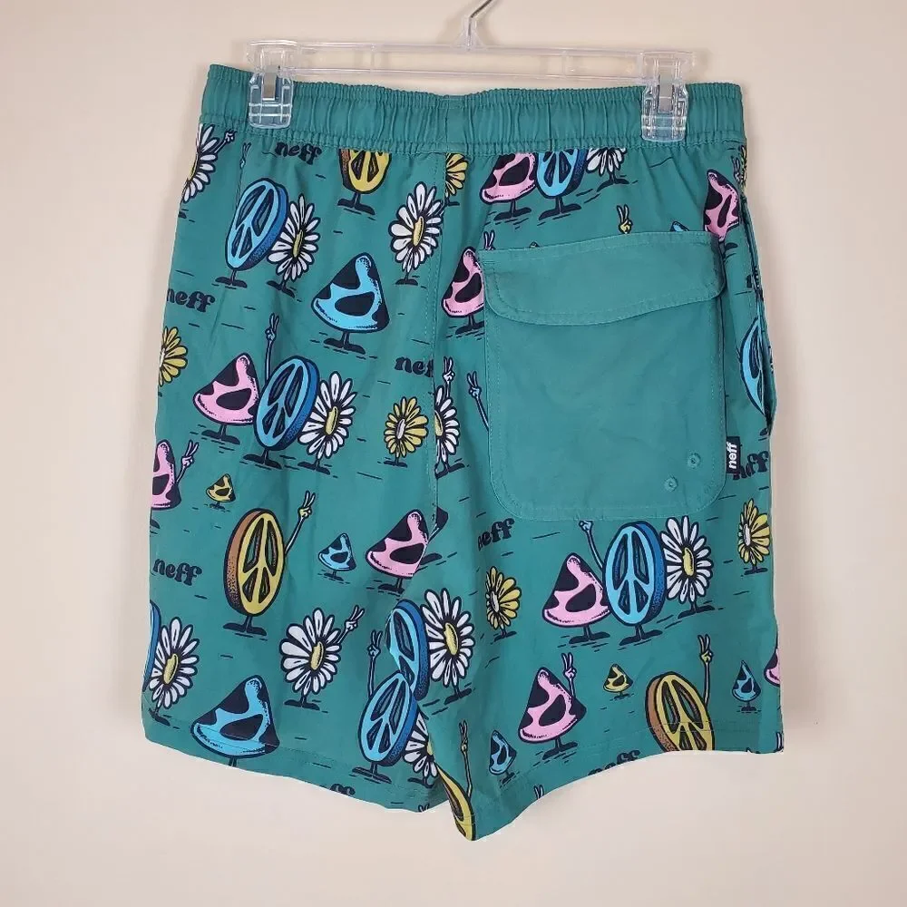Neff Green Peace Mushroom Print Swim Trunks Size medium